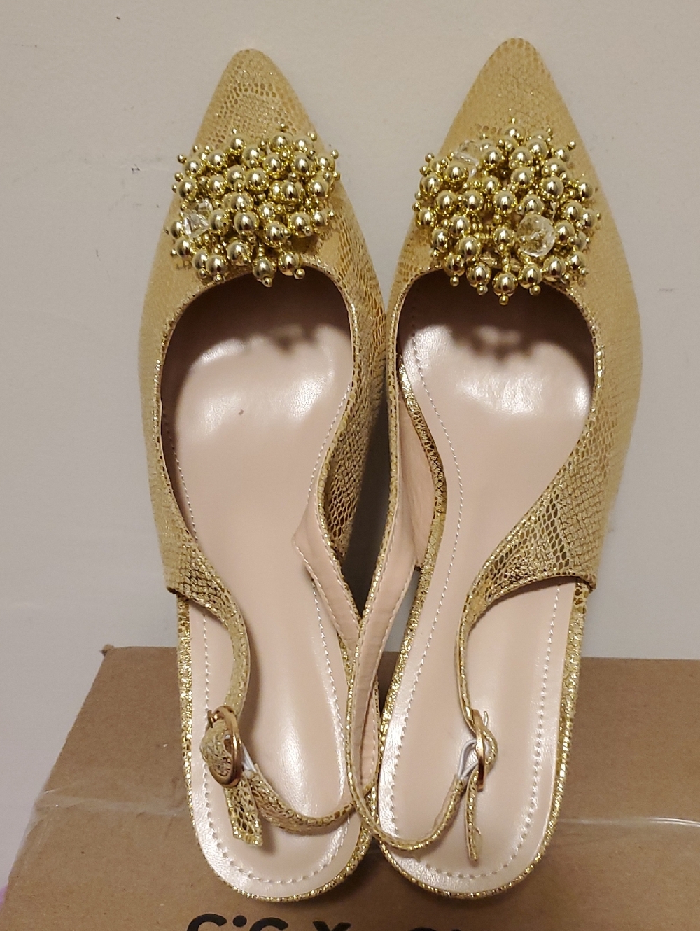 PrettyLittleThing Gold Pointed Slingback Flats with Beaded Cluster